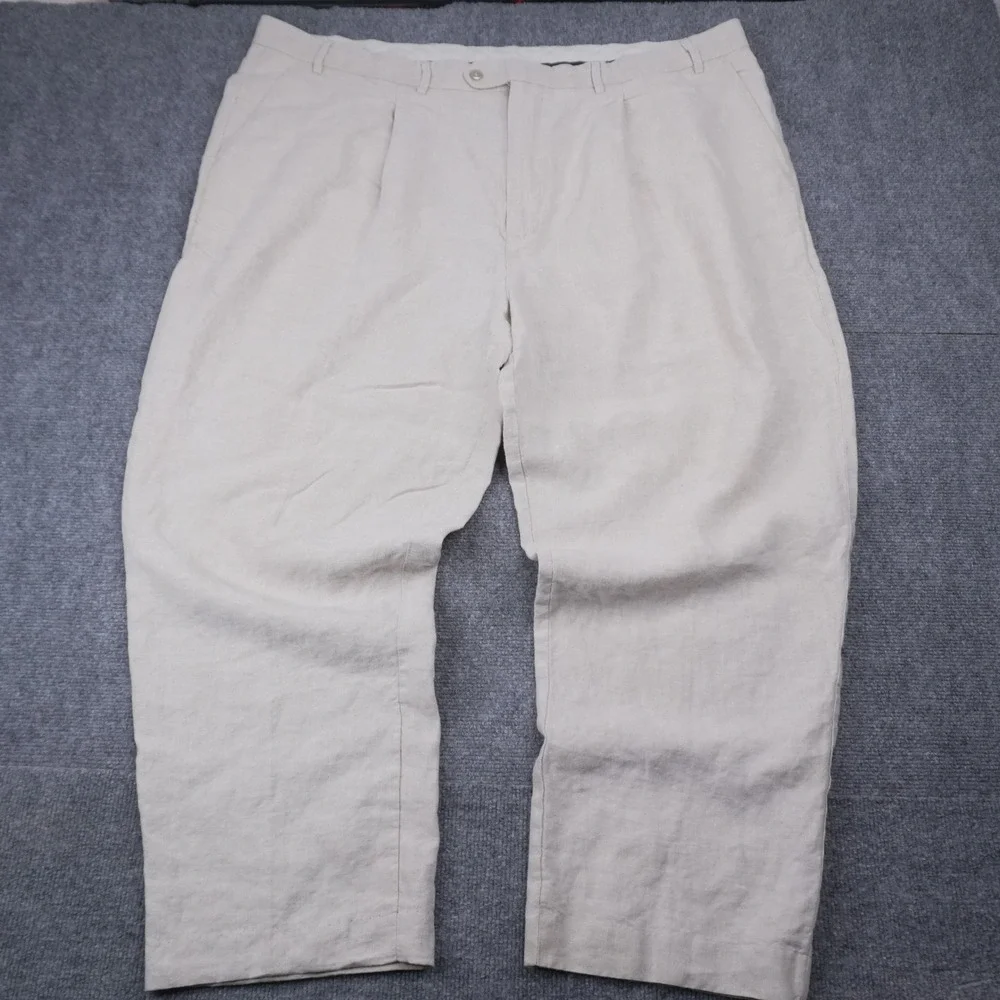 Murano 100% Linen Trousers Mens 48x30 Beige Pleated Straight Leg Pants